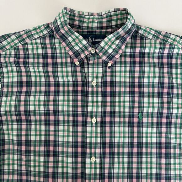 Ralph Lauren Mens Shirt Large Short Sleeve Green Pink Plaid Colorful Cotton Vtg - Picture 1 of 10